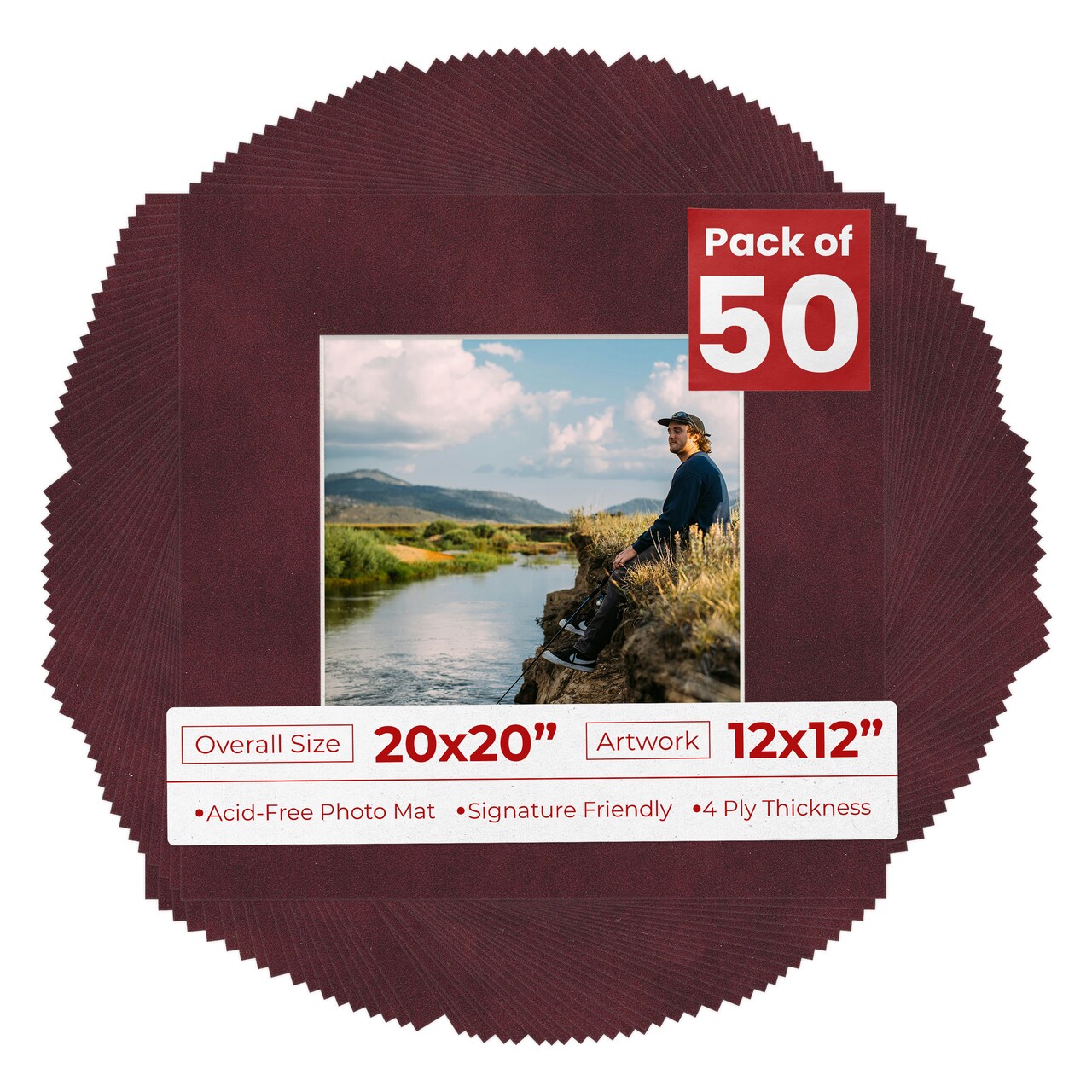 Dark Red Suede Mat Board for 20x20 Frames - Fits 12x12 Photos
